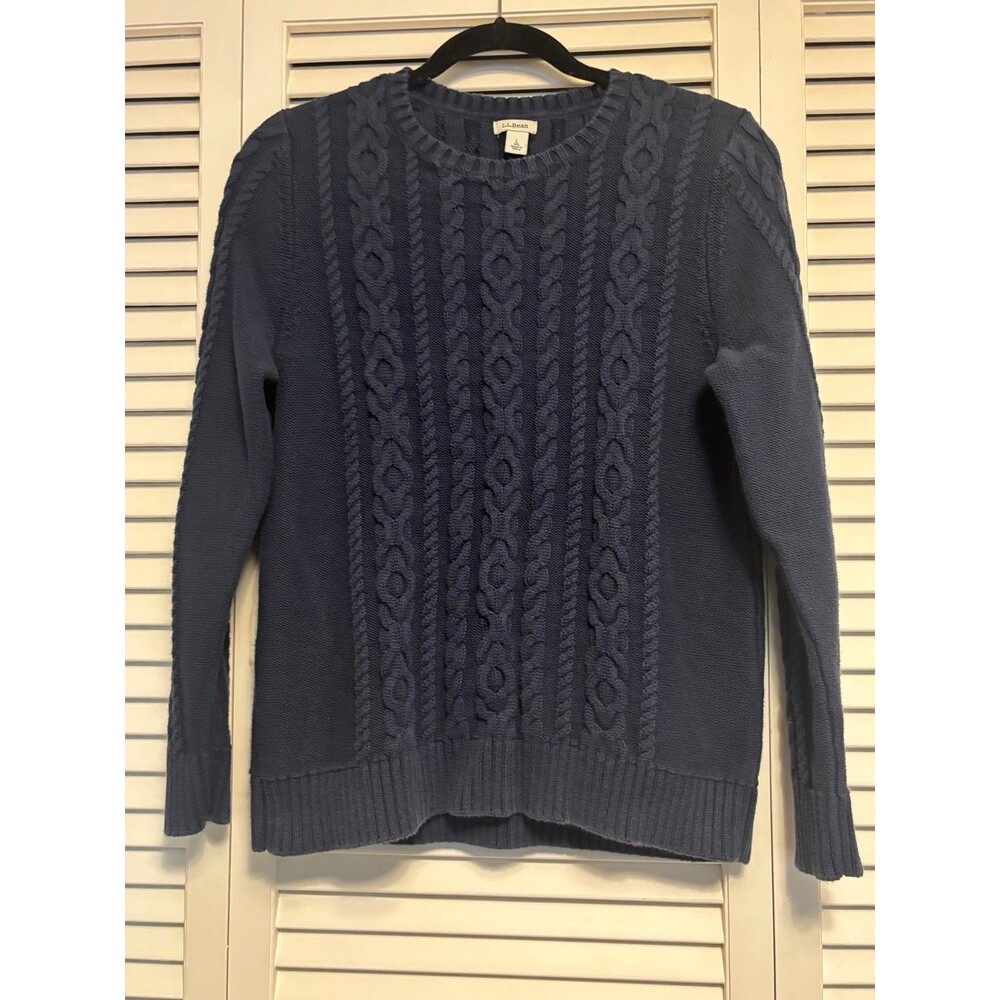 Women's L.L.Bean Large Navy Blue 100% Cotton Cable Knit Crewneck Sweater